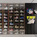 Sneaker Display Shelves With Multiple Layers Of Organized Footwear And Cartoon Wall Art