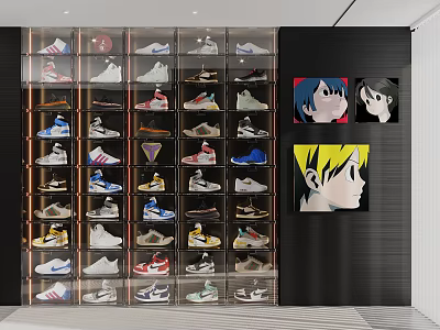 Sneaker Display Shelves With Multiple Layers Of Organized Footwear And Cartoon Wall Art 3d model
