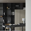 Modern Wooden Desk In Contemporary Home Office With Black Shelving And Decorative Items