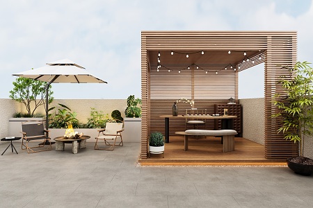 Modern villa roof garden roof courtyard antiseptic wood pavilion leisure chair combination sun umbrella 3d model