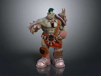 Orc Warrior Character With Green Skin Horns Spiked Armor Orange Belt And Metal Boots 3d model