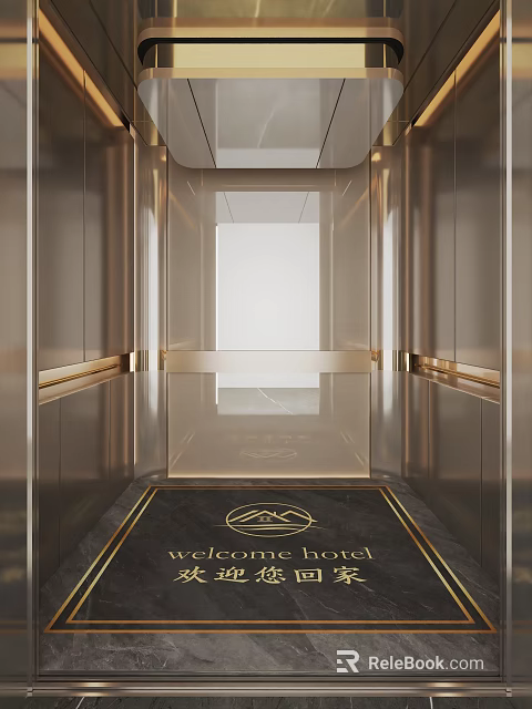 Luxurious Hotel Elevator Lobby With Gold Accents And Polished Marble Floor 3d model 