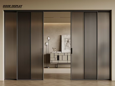 Modern Sliding Doors with Ribbed Design in Interior Display Featuring Wooden Floor and Cabinets 3d model
