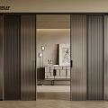 Modern Sliding Doors with Ribbed Design in Interior Display Featuring Wooden Floor and Cabinets