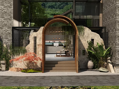 Chinese Style Hotel Lobby With Arched Doorway Stone Walls Green Plants Steps Sofa And Chandelier 3d model