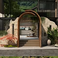 Chinese Style Hotel Lobby With Arched Doorway Stone Walls Green Plants Steps Sofa And Chandelier