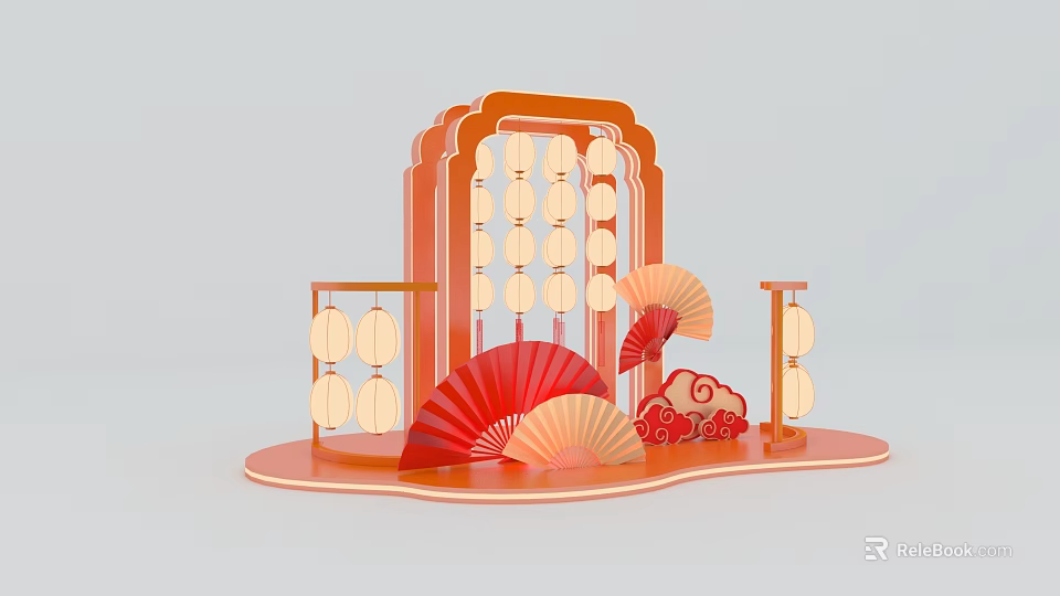 Traditional Chinese Decorative Display With Red Fans Orange Frame Lanterns And Cloud Patterns 3d model 