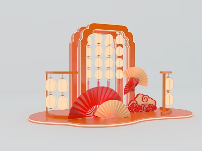 Traditional Chinese Decorative Display With Red Fans Orange Frame Lanterns And Cloud Patterns 3d model