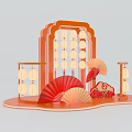 Traditional Chinese Decorative Display With Red Fans Orange Frame Lanterns And Cloud Patterns 3d model