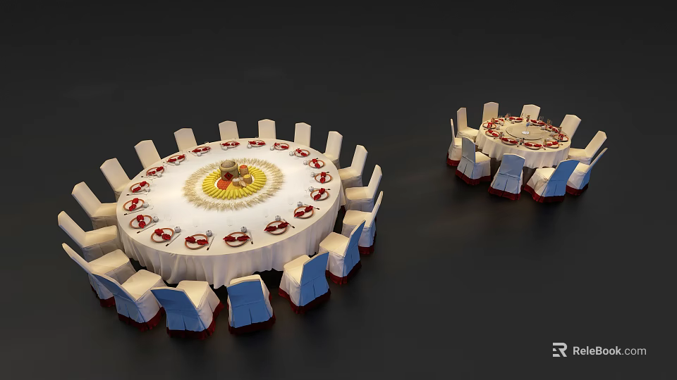 Elegant Round Dining Table Set with White Tablecloth Red Decorative Patterns and Yellow Centerpiece 3d model