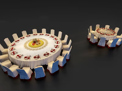 Elegant Round Dining Table Set with White Tablecloth Red Decorative Patterns and Yellow Centerpiece 3d model