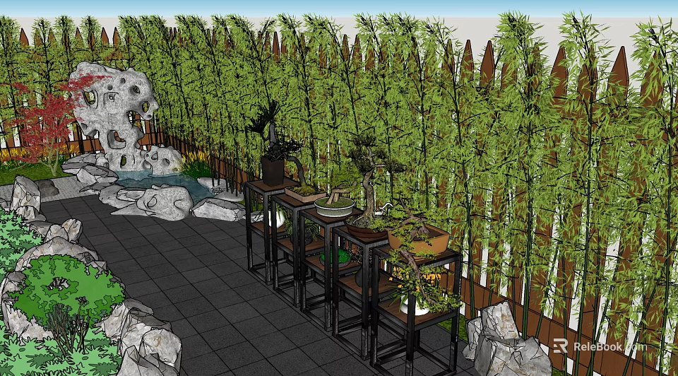 Garden Landscape Featuring Bamboo Fence Rock Formations Potted Plants And Stone Pathway 3d model 