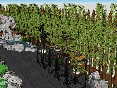 Garden Landscape Featuring Bamboo Fence Rock Formations Potted Plants And Stone Pathway 3d model