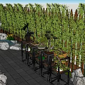 Garden Landscape Featuring Bamboo Fence Rock Formations Potted Plants And Stone Pathway