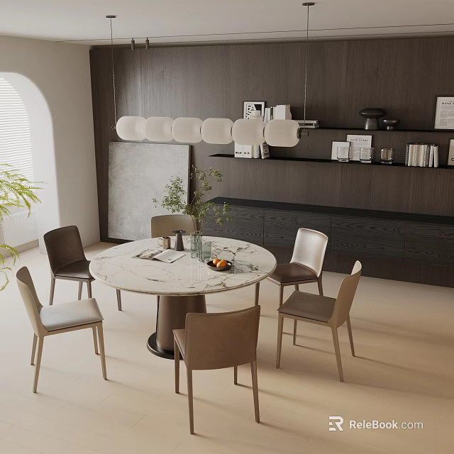 Modern Circular Marble Dining Table Set With Four Chairs And Wooden Wall Decor 3d model 