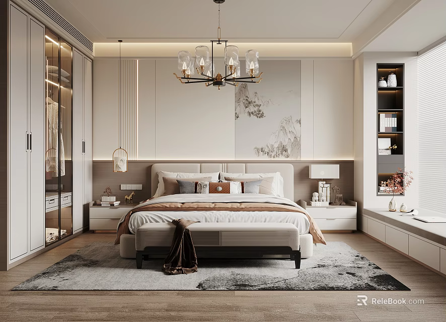 Modern Bedroom Interior With King Bed Chandelier Nightstands Decorative Art And Area Rug 3d model 