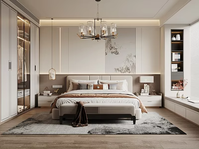 Modern Bedroom Interior With King Bed Chandelier Nightstands Decorative Art And Area Rug 3d model