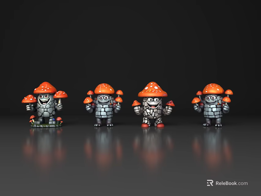 Four Cartoon Mushroom Characters With Orange Hats And Armor Standing In Row 3d model 