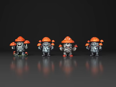 Four Cartoon Mushroom Characters With Orange Hats And Armor Standing In Row 3d model