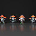 Four Cartoon Mushroom Characters With Orange Hats And Armor Standing In Row
