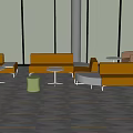 Modern Orange Sofas And White Coffee Tables By Floor To Ceiling Windows With City View 3d model