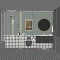 Modern Bathroom Interior Design With Black And White Checkered Tiles Round Mirror And Dark Cabinets