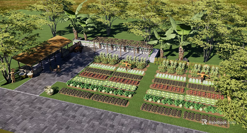 Rural Landscape Featuring Organized Vegetable Garden Various Crops Trees Pergola And Stone Paved Ground 3d model 
