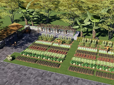 Rural Landscape Featuring Organized Vegetable Garden Various Crops Trees Pergola And Stone Paved Ground 3d model