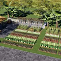 Rural Landscape Featuring Organized Vegetable Garden Various Crops Trees Pergola And Stone Paved Ground