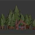 3D Modeled Green Pine Trees With Brown Trunks And Red Cart On Gray Background