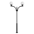 Modern Outdoor Light With Black Pole Two Curved Arms And White Shades