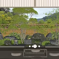 Traditional Japanese Garden With Stone Lanterns Bamboo Fence And Green Trees