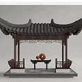 Traditional Chinese Pavilion With Curved Eaves Roof Wooden Structure And Stone Table