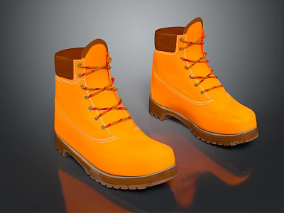 Orange Outdoor Work Boots With Brown Collar Laces And Thick Rubber Sole Design 3d model