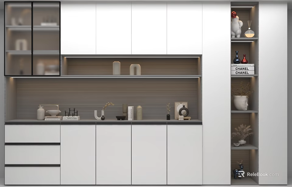 Modern White Entryway Cabinet And Side Cabinet Design With Storage Shelves And Decorative Items 3d model 