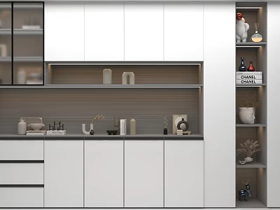 Modern White Entryway Cabinet And Side Cabinet Design With Storage Shelves And Decorative Items 3d model