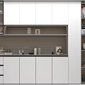 Modern White Entryway Cabinet And Side Cabinet Design With Storage Shelves And Decorative Items