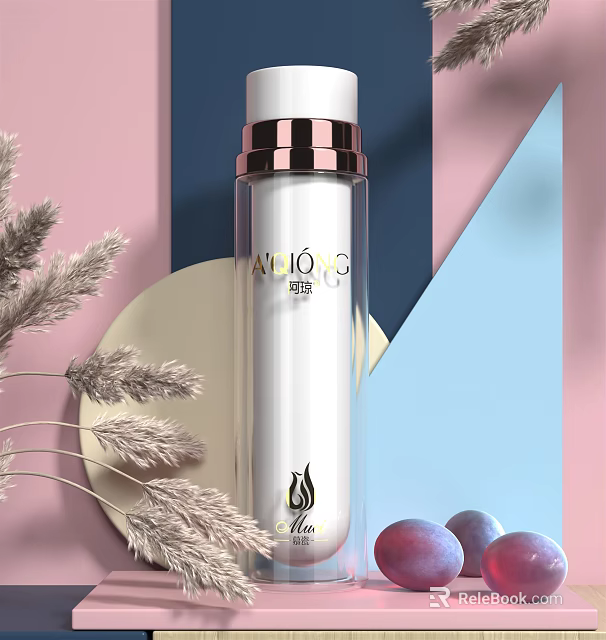 Elegant AILUO G Perfume Bottle with Geometric Pink Blue Background Dried Grass and Purple Fruits 3d model 