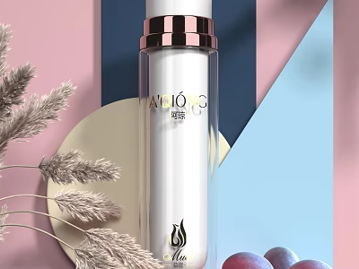 Elegant AILUO G Perfume Bottle with Geometric Pink Blue Background Dried Grass and Purple Fruits 3d model