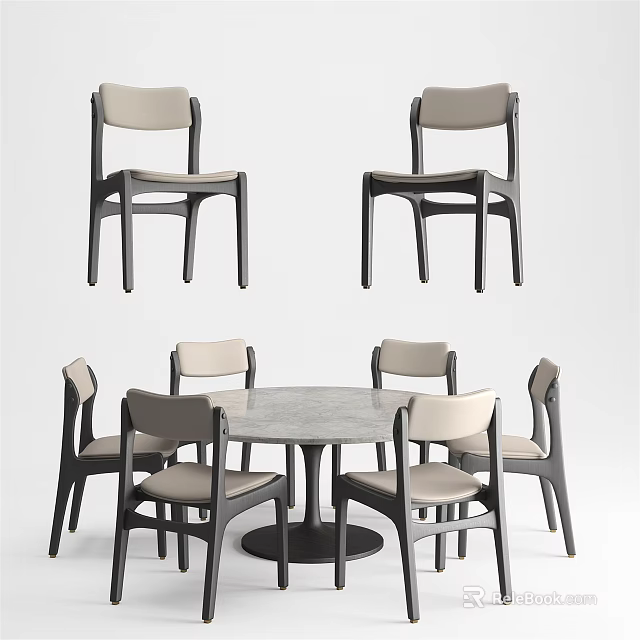 Round Marble Dining Table Set With Six Gray Frame Chairs And Light Colored Seats 3d model