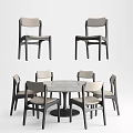 Round Marble Dining Table Set With Six Gray Frame Chairs And Light Colored Seats 3d model