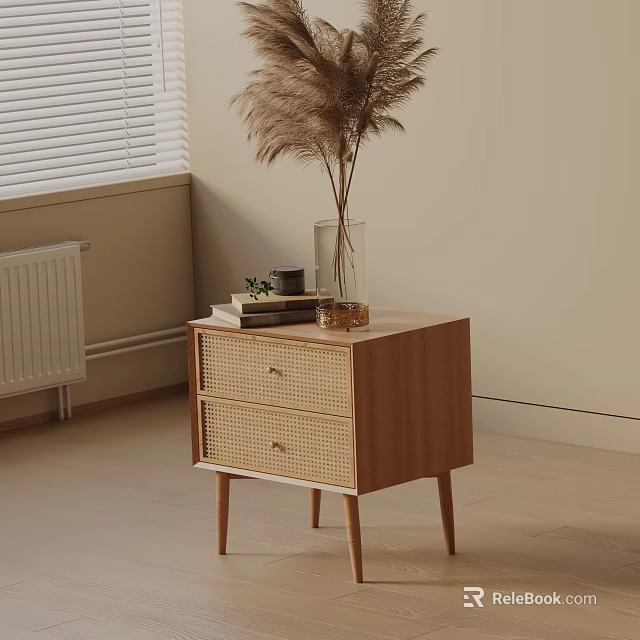 Wooden Side Table With Two Rattan Drawers And Books Plant Vase With Dried Pampas Grass 3d model 
