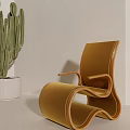 Modern Curved Accent Chairs in Yellow and Blue Upholstery With Cactus Plant in Minimalist Interior