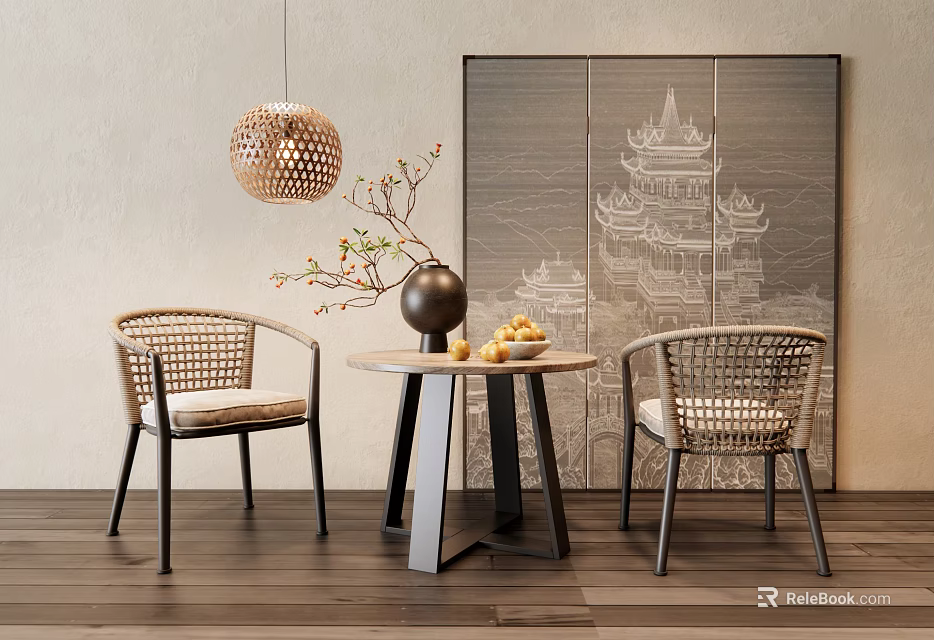 Round Wooden Table And Wicker Chairs Set With Decorative Painting Vase Pendant Light 3d model 
