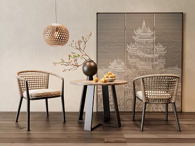 Round Wooden Table And Wicker Chairs Set With Decorative Painting Vase Pendant Light 3d model