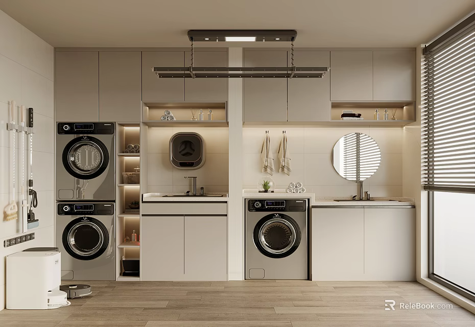Modern Laundry Room Design With Washing Machines Cabinets Sink And Mirror 3d model 