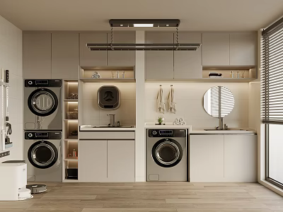 Modern Laundry Room Design With Washing Machines Cabinets Sink And Mirror 3d model