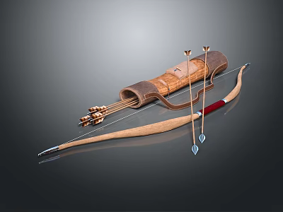 Traditional Archery Weapon Handcrafted Wooden Bow With Quiver And Arrows 3d model