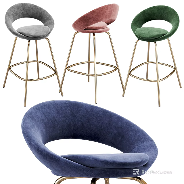 Modern Velvet Bar Stools in Gray Pink Green Blue with Gold Metal Circular Legs 3d model 
