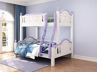 White and Purple Bunk Bed with Ladder Blue Bedding Light Blue Wall Kids Room 3d model